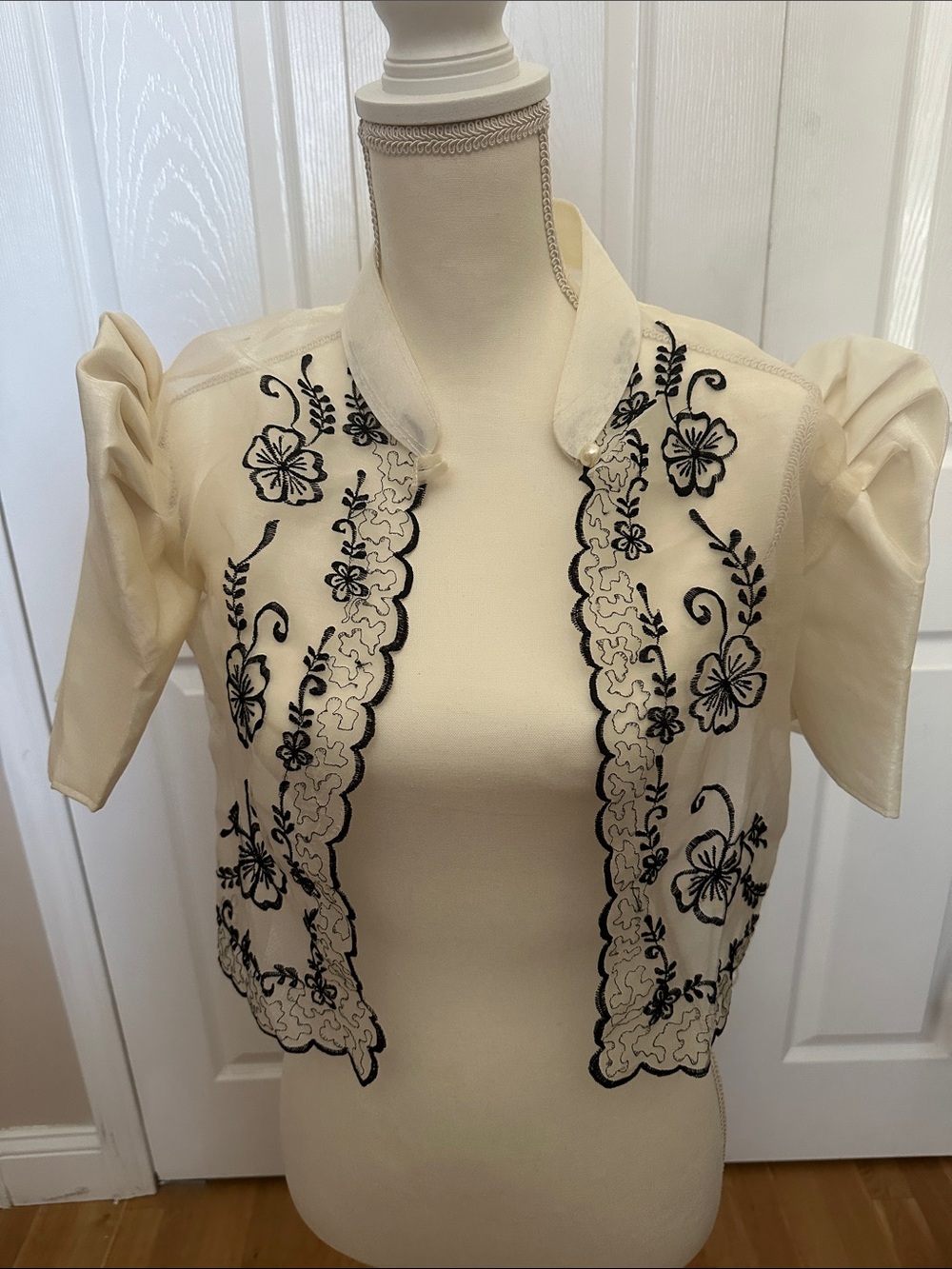 Embroidered Ivory Cropped Filipiniana Bolero Top - Black Floral Detail